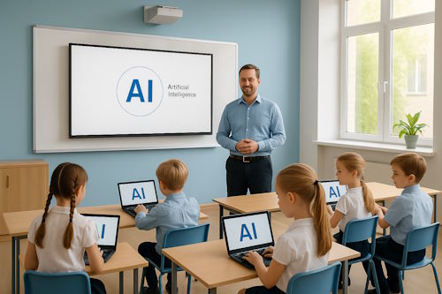Opettaja ja oppilaita käyttämässä tekoälyä luokassa